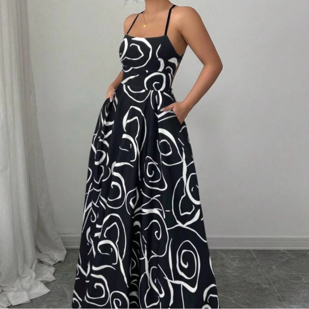 Holiday Floral Print Pockets Elegant Spaghetti Strap Dress